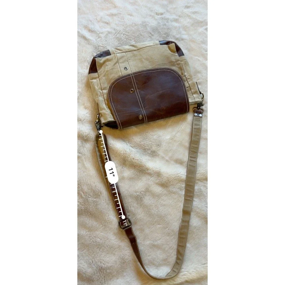 Recycled Military Messenger Bag Crossbody Adjustable Pockets Beige/leather Boho